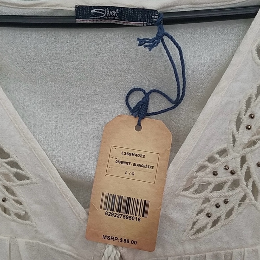 Silver Jeans Off White Embroidered & Embellished Boho Top - Large NWT. FABULOUS! - Picture 10 of 12